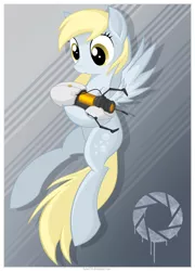 Size: 1800x2500 | Tagged: safe, artist:natsu714, derpibooru import, derpy hooves, pegasus, pony, crossover, female, mare, portal (valve), portal gun, solo