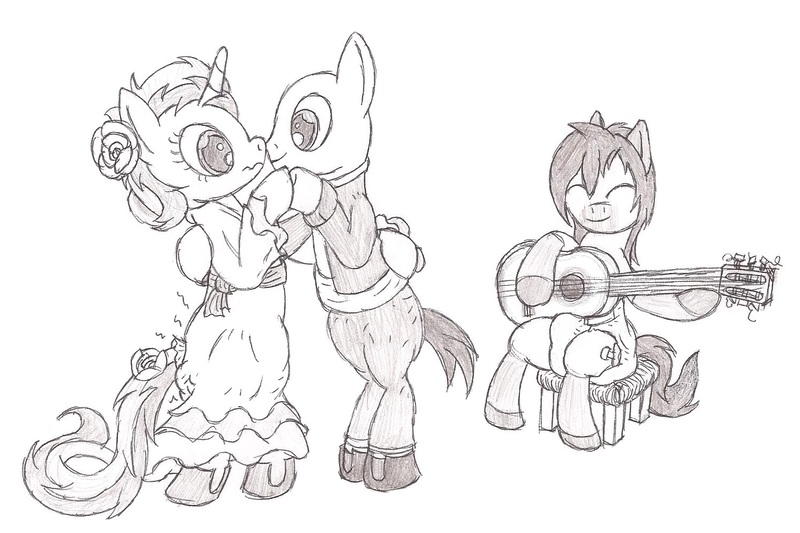 Size: 1500x1000 | Tagged: artist:datspaniard, clothes, dancing, derpibooru import, diaper, diaper boner, diaper fetish, dress, erection, fetish, flamenco, guitar, messy diaper, monochrome, musical instrument, oc, oc:dat spany, oc:j'adoube, oc:polaris, penis, poop, questionable, traditional art, unofficial characters only