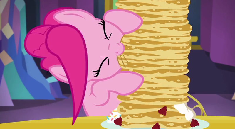 Size: 852x469 | Tagged: safe, derpibooru import, screencap, pinkie pie, earth pony, pony, castle sweet castle, c:, cute, diapinkes, eyes closed, female, food, mare, nom, pancakes, raspberry (food), smiling, solo