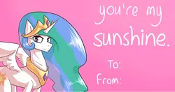 Size: 3800x2000 | Tagged: safe, artist:whisperfoot, derpibooru import, princess celestia, alicorn, pony, card, crown, cute, holiday, horn, jewelry, regalia, solo, valentine, valentine's day, wings