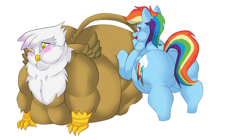 Size: 2550x1556 | Tagged: questionable, artist:mad'n evil, derpibooru import, gilda, rainbow dash, gryphon, pegasus, pony, blushing, butt, fat, gildough, grope, huge butt, impossibly large butt, impossibly large plot, large butt, morbidly obese, obese, plot, simple background