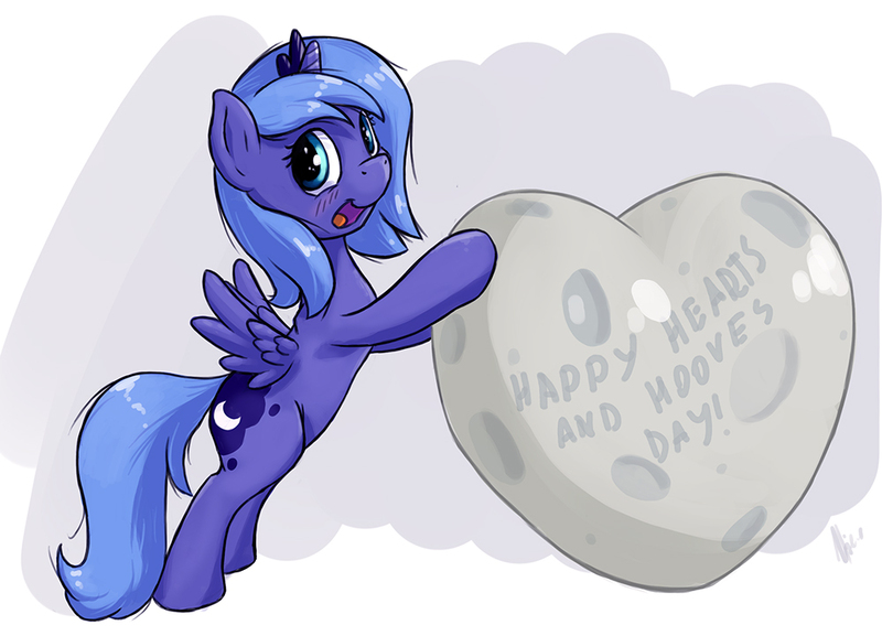 Size: 1000x721 | Tagged: safe, artist:hieronymuswhite, derpibooru import, princess luna, pony, bipedal, bipedal leaning, female, filly, hearts and hooves day, holiday, image, jpeg, leaning, moon, simple background, solo, tangible heavenly object, valentine's day, white background, woona, younger