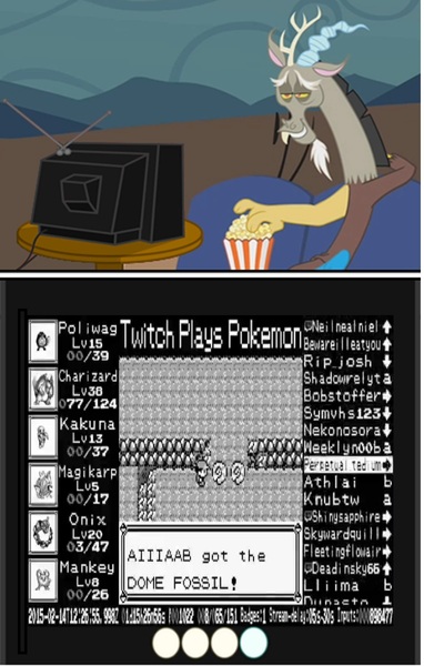 Size: 764x1200 | Tagged: derpibooru import, discord, dome fossil, exploitable meme, meme, obligatory pony, pokémon, safe, tv meme, twitch plays pokémon