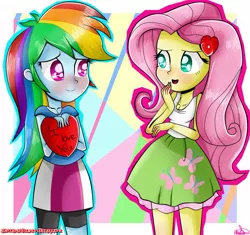 Size: 1293x1217 | Tagged: safe, artist:vixelzf, derpibooru import, fluttershy, rainbow dash, equestria girls, blushing, female, flutterdash, holiday, lesbian, shipping, valentine, valentine's day