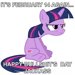 Size: 894x894 | Tagged: bullshit, caption, derpibooru import, grumpy, grumpy twilight, hearts and hooves day, holiday, image macro, meme, obligatory pony, safe, text, twilight sparkle, unamused, valentine's day, vulgar