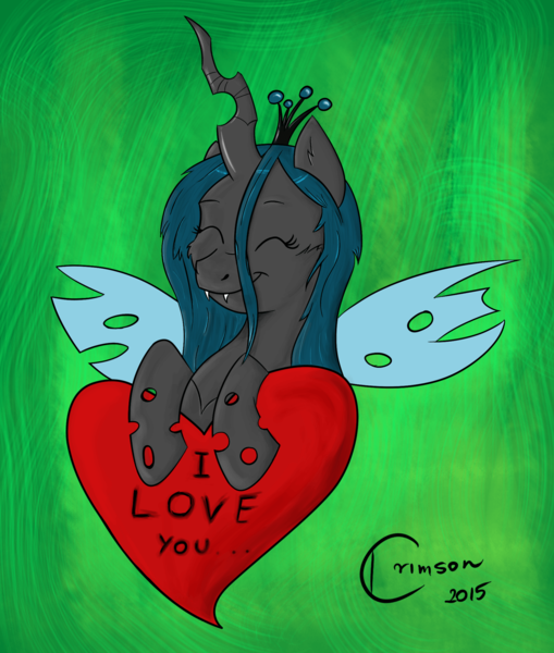 Size: 1800x2121 | Tagged: artist:crimson, derpibooru import, heart, hearts and hooves day, holiday, queen chrysalis, safe, smiling, solo, valentine's day