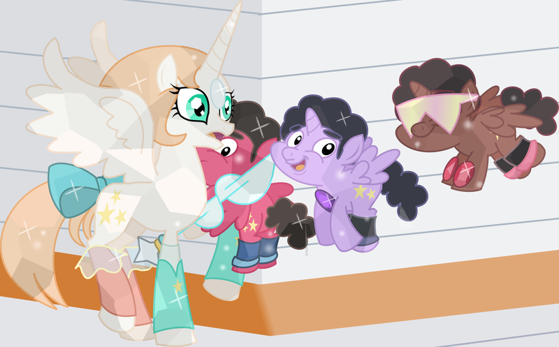 Size: 1984x1232 | Tagged: safe, artist:itoruna-the-platypus, derpibooru import, ponified, alicorn, crystal pony, pony, amethyst (steven universe), garnet (steven universe), pearl (steven universe), scene interpretation, steven quartz universe, steven universe