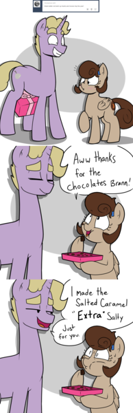 Size: 1280x3958 | Tagged: artist:strangerdanger, askcookieandbrann, comic, derpibooru import, dick in a box, holiday, innuendo, oc, oc:brann flakes, oc:cookie dough, oc:cookie dough (trottingham), questionable, unofficial characters only, valentine's day