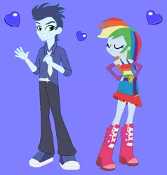 Size: 598x628 | Tagged: safe, artist:themunksandtheetts, derpibooru import, rainbow dash, soarin', equestria girls, alternate costumes, female, male, purple background, shipping, simple background, soarindash, straight