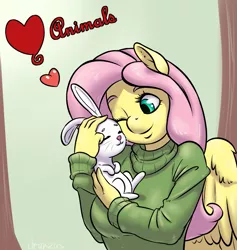 Size: 1681x1771 | Tagged: angel bunny, anthro, artist:draneas, clothes, derpibooru import, fluttershy, heart, holiday, safe, solo, sweater, sweatershy, valentine's day