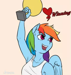 Size: 1681x1771 | Tagged: anthro, armpits, artist:draneas, clothes, derpibooru import, heart, holiday, rainbow dash, safe, simple background, solo, tanktop, trophy, valentine's day