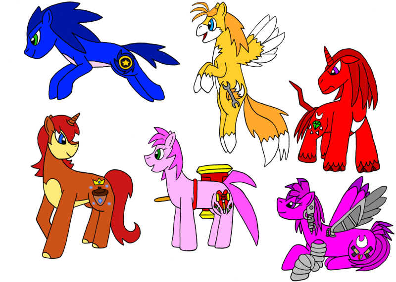 Size: 3404x2428 | Tagged: safe, artist:skooterwolf, derpibooru import, ponified, cyborg, pony, amy rose, archie comics, hammer, julie-su, knuckles the echidna, miles "tails" prower, sally acorn, sonic the hedgehog, sonic the hedgehog (series), war hammer, weapon