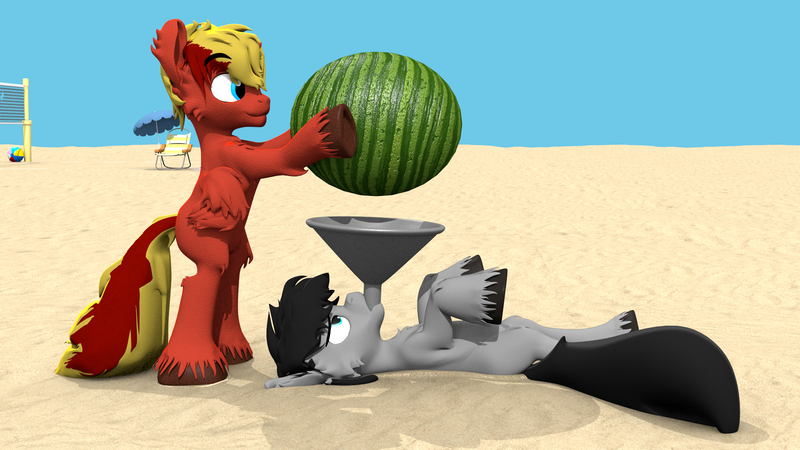 Size: 1920x1080 | Tagged: safe, artist:sherfur, derpibooru import, oc, oc:flick, oc:scoots, unofficial characters only, earth pony, pegasus, pony, 3d, beach, food, funnel, grandma's kisses, male, spongebob squarepants, stallion, this will end well, this will not end well, unshorn fetlocks, watermelon