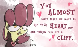 Size: 1400x850 | Tagged: apple bloom, artist:slitherpon, derpibooru import, heart, hearts and hooves day, holiday, moody mark crusaders, semi-grimdark, solo, valentine, valentine's day