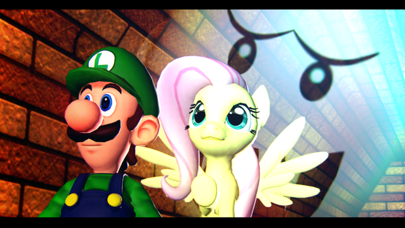 Size: 900x506 | Tagged: 3d, 3d model, artist:illumint, boo, crossover, crossover shipping, derpibooru import, female, fluttershy, ghost, hallway, luigi, luigishy, luigi's mansion, male, safe, shipping, sneaking, straight, super mario bros., this will end in tears, undead