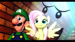 Size: 900x506 | Tagged: 3d, 3d model, artist:illumint, boo, crossover, crossover shipping, derpibooru import, female, fluttershy, ghost, hallway, luigi, luigishy, luigi's mansion, male, safe, shipping, sneaking, straight, super mario bros., this will end in tears, undead