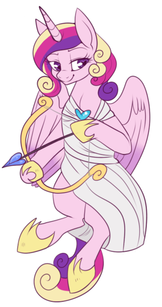 Size: 403x761 | Tagged: arrow, artist:lulubell, bow and arrow, bow (weapon), clothes, cupid, cupidance, derpibooru import, holiday, princess cadance, princess of love, safe, simple background, solo, toga, transparent background, valentine's day, weapon