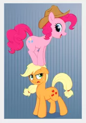 Size: 1918x2742 | Tagged: safe, artist:kas92, derpibooru import, applejack, pinkie pie, earth pony, pony, accessory swap, accessory theft, applejack is not amused, applejack's hat, cowboy hat, duo, hat, pony pile, standing on head, tower of pony, unamused