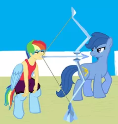 Size: 1346x1406 | Tagged: archer (character), archery, arrow, artist:oneovertwo, bow and arrow, bow (weapon), derpibooru import, oc, oc:icarus, offspring, parent:rainbow dash, safe, satyr, scootablue, weapon