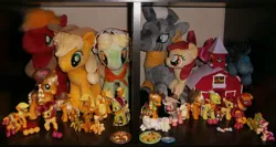 Size: 1242x662 | Tagged: safe, artist:denkimouse, derpibooru import, apple bloom, apple bumpkin, applejack, applejack (g1), big macintosh, granny smith, smarty pants, zecora, earth pony, pony, zebra, apple, apple family, apple family member, apple siblings, apple sisters, barn, blind bag, brother and sister, brushable, button, carrot, clothes, collection, costume, custom, dress, food, g1, gala dress, hat, irl, male, mcdonald's, much applejack, photo, plushie, scarecrow, siblings, sisters, stallion, toy