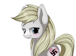 Size: 814x598 | Tagged: safe, artist:allyster-black, derpibooru import, oc, oc:aryanne, unofficial characters only, earth pony, pony, blonde, blushing, female, heart, like what you see?, looking at you, nazi, smiling, solo, swastika, upper body