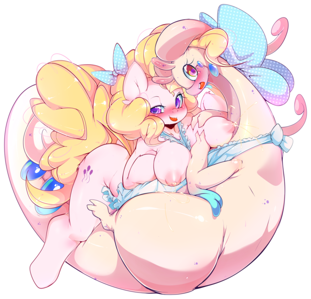 Size: 1200x1153 | Tagged: questionable, artist:slugbox, derpibooru import, surprise, anthro, goodra, pony, semi-anthro, breast grab, breast milk, breasts, canon x pokémon, crossover, female, grope, interspecies, lactation, lesbian, milk, milk squirt, nipples, nudity, pokémon, pony on pokémon action, shiny