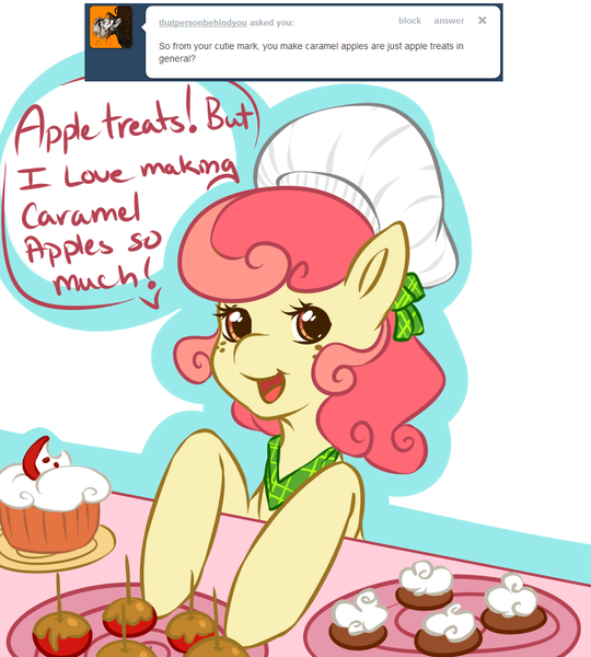 Size: 900x1000 | Tagged: apple bumpkin, apple family member, artist:tiki-sama, ask, cake, caramel apple (food), chef's hat, derpibooru import, dialogue, food, hat, safe, solo, tumblr