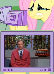 Size: 438x600 | Tagged: derpibooru import, exploitable meme, fluttercry, fluttershy, meme, mister rogers, mister rogers' neighborhood, obligatory pony, rest in peace, safe, trolley, tv meme