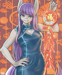 Size: 1000x1200 | Tagged: dead source, safe, artist:m@k, derpibooru import, maud pie, anthro, earth pony, cheongsam, chinese new year, clothes, female, firecracker, looking at you, pixiv, smiling, solo, when she smiles