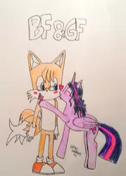 Size: 570x797 | Tagged: safe, artist:geekygraphics42, derpibooru import, twilight sparkle, twilight sparkle (alicorn), alicorn, pony, crossover, crossover shipping, female, kissing, mare, miles "tails" prower, shipping, sonic the hedgehog (series), traditional art, twitails