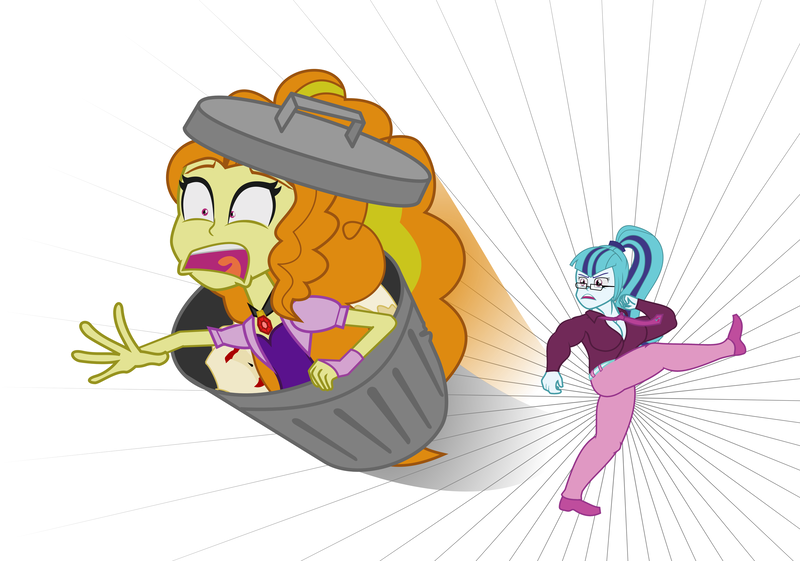 Size: 4648x3262 | Tagged: safe, derpibooru import, adagio dazzle, sonata dusk, equestria girls, abuse, adagiabuse, don't fuck with this senator, garbagio, kicking, konami, metal gear, metal gear rising, senator armstrong, trash can