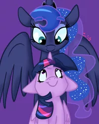 Size: 1000x1250 | Tagged: safe, artist:rivalcat, derpibooru import, princess luna, twilight sparkle, twilight sparkle (alicorn), alicorn, pony, female, lesbian, mare, shipping, spread wings, twiluna, wings