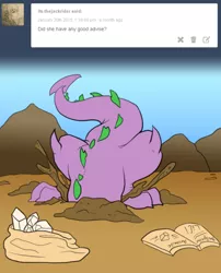 Size: 540x667 | Tagged: safe, artist:aviantheatrics, derpibooru import, spike, twilight sparkle, ask twilight and spike!, ask-twispike, digging, female, male, older, older spike, shipping, straight, tumblr, twispike