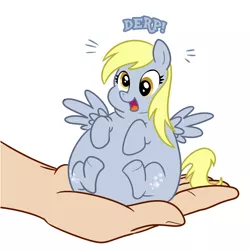 Size: 1200x1200 | Tagged: safe, artist:diablo2000, artist:madmax, derpibooru import, derpy hooves, fluffy pony, pony, aderpose, chubby, cute, derp, derpabetes, fat, fluffyderpy, hand, hnnng, holding a pony, image, in goliath's palm, png, tiny, tiny ponies