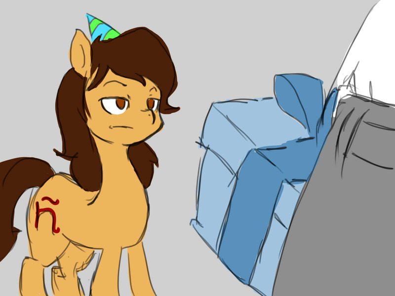 Size: 1600x1200 | Tagged: questionable, derpibooru import, oc, oc:anon, oc:maría teresa de los ponyos paguetti, unofficial characters only, dick in a box, frown, hat, party hat, present, solo, unamused, ya es hora