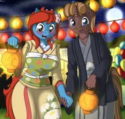 Size: 4719x4500 | Tagged: absurd resolution, anthro, artist:ziemniax, balloon, clothes, couple, derpibooru import, diceibu, festival, kanji, kimono (clothing), lantern, moon, oc, oc:dice magica, oc:sureibu, paper lantern, safe, unofficial characters only