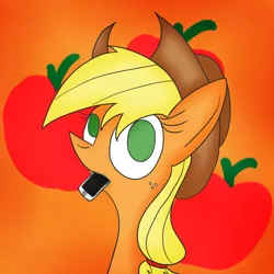 Size: 1024x1024 | Tagged: safe, artist:mr. rottson, deleted from derpibooru, derpibooru import, applejack, pony, eating, iphone, silly, silly pony, solo, who's a silly pony