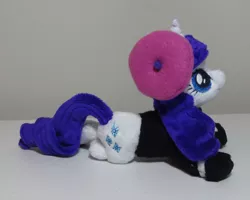 Size: 3312x2652 | Tagged: artist:janellesplushies, beanie (plushie), beatnik rarity, beret, clothes, derpibooru import, hat, irl, photo, plushie, prone, rarity, safe, shoes, solo, sweater