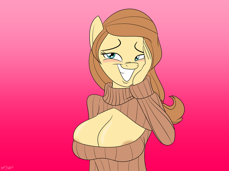 Size: 2400x1800 | Tagged: anthro, areola, areola slip, artist:mofetafrombrooklyn, blushing, breasts, busty cream heart, clothes, derpibooru import, female, keyhole turtleneck, nudity, oc, oc:cream heart, open-chest sweater, questionable, smiling, solo, solo female, sweater, turtleneck, unofficial characters only, wardrobe malfunction