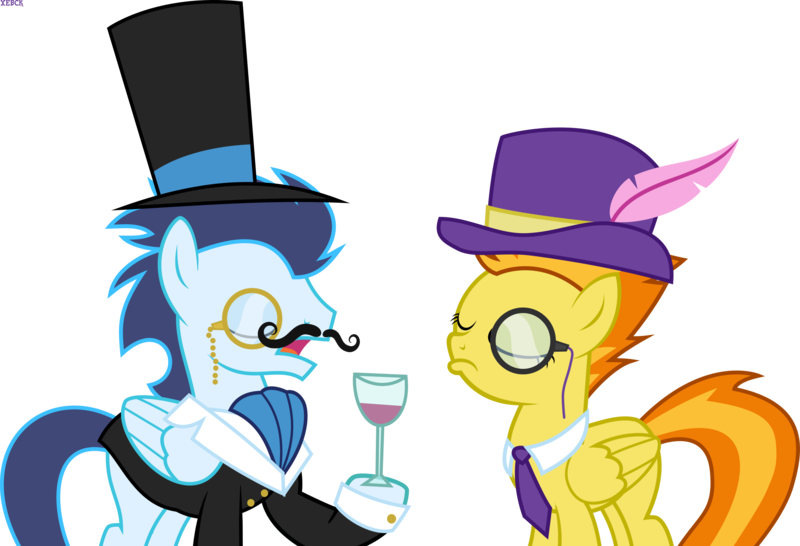 Size: 2488x1697 | Tagged: alcohol, artist:xebck, classy, clothes, cufflinks, cuffs (clothes), derpibooru import, drink, eyes closed, facial hair, fake moustache, fancy, female, glass, hat, male, monocle, moustache, necktie, safe, shipping, simple background, soarin', soarinfire, spitfire, straight, top hat, transparent background, vector, wine, wine glass