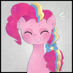 Size: 1024x1024 | Tagged: artist:oouichi, big hair, bow, cheerful, derpibooru import, fluffy, grin, pinkie pie, pretty, rainbow power, rainbow power-ified, safe, smiling, solo, twilight's kingdom