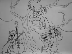 Size: 4284x3214 | Tagged: artist:dravoxianart, bipedal, bow (instrument), cape, cello, cello bow, clothes, concerto, derpibooru import, frederic horseshoepin, monochrome, musical instrument, octavia melody, piano, safe, traditional art, violin, violin bow