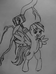 Size: 3240x4320 | Tagged: safe, artist:dravoxianart, derpibooru import, rainbow dash, pegasus, pony, bipedal, female, hammer, lightning, mare, mjölnir, monochrome, open mouth, raised hoof, simple background, solo, thor, traditional art, underhoof, war hammer, weapon