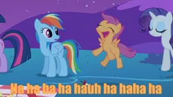 Size: 1054x592 | Tagged: caption, derpibooru import, edit, edited screencap, face, image macro, laughing, meme, orange text, owl's well that ends well, rainbow dash, rarity, safe, scootaloo, screencap, text, twilight sparkle, twilight's tail