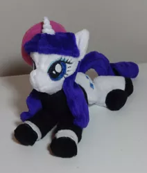 Size: 2184x2580 | Tagged: artist:janellesplushies, beanie (plushie), beatnik rarity, beret, clothes, derpibooru import, hat, irl, photo, plushie, rarity, safe, solo, sweater