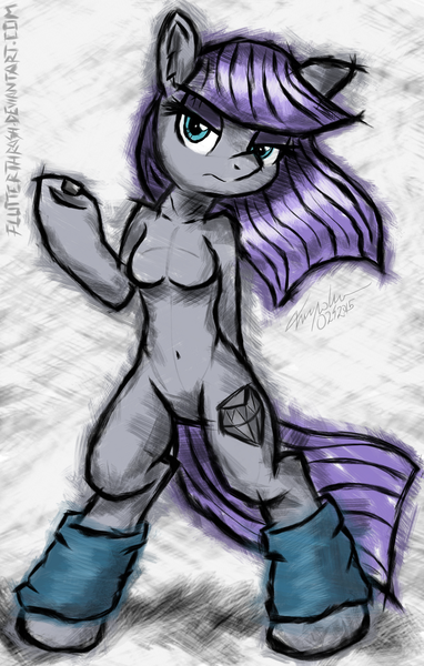 Size: 900x1414 | Tagged: anthro, artist:flutterthrash, barbie doll anatomy, bipedal, boulder (pet), breasts, derpibooru import, female, leg warmers, maud pie, nudity, solo, suggestive, wrong cutie mark