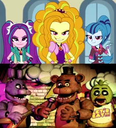 Size: 1366x1500 | Tagged: safe, derpibooru import, adagio dazzle, aria blaze, sonata dusk, equestria girls, rainbow rocks, bonnie, chica, comparison, crossover, evil, evil grin, five nights at freddy's, freddy fazbear, grin, smiling, the dazzlings