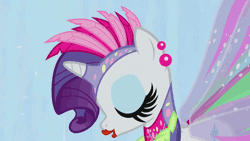 Size: 1248x702 | Tagged: animated, butterfly wings, clothes, collar, costume, derpibooru import, ear piercing, earring, feather, glittering, gossamer wings, headdress, jewelry, lipstick, makeup, piercing, pose, rarity, safe, screencap, shine, smiling, sonic rainboom (episode), sparkles, sweat, wings, wristband, zoom out