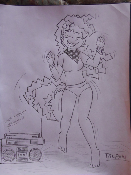 Size: 1944x2592 | Tagged: 80s, 80s cheerilee, 80's fashion, anthro, artist:tolpain, barefoot, boombox, bracelet, braces, cheerilee, clothes, dancing, derpibooru import, feet, grayscale, jewelry, monochrome, music, panties, plantigrade anthro, radio, sketch, suggestive, traditional art, underwear