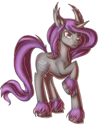Size: 784x1000 | Tagged: safe, artist:count aile d'ciel, derpibooru import, oc, oc:dark deed, unofficial characters only, pony, unicorn, cutie mark, ear fluff, hooves, impossible cube, impossible object, raised hoof, solo, unshorn fetlocks